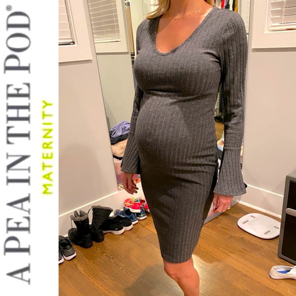 A Pea in the Pod Sweater Dress Gray Ribbed long sleeve midi winter fall